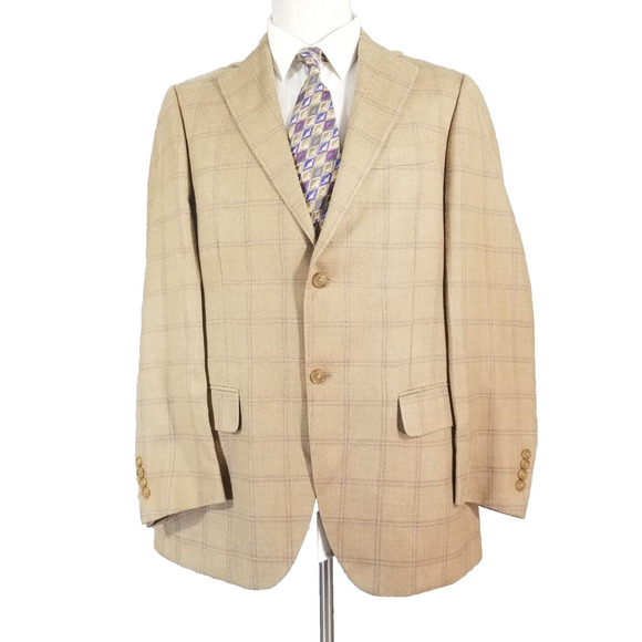 T Harris sport coat blazer suit jacket men's 40R brown window pane silk wool - Picture 1 of 12